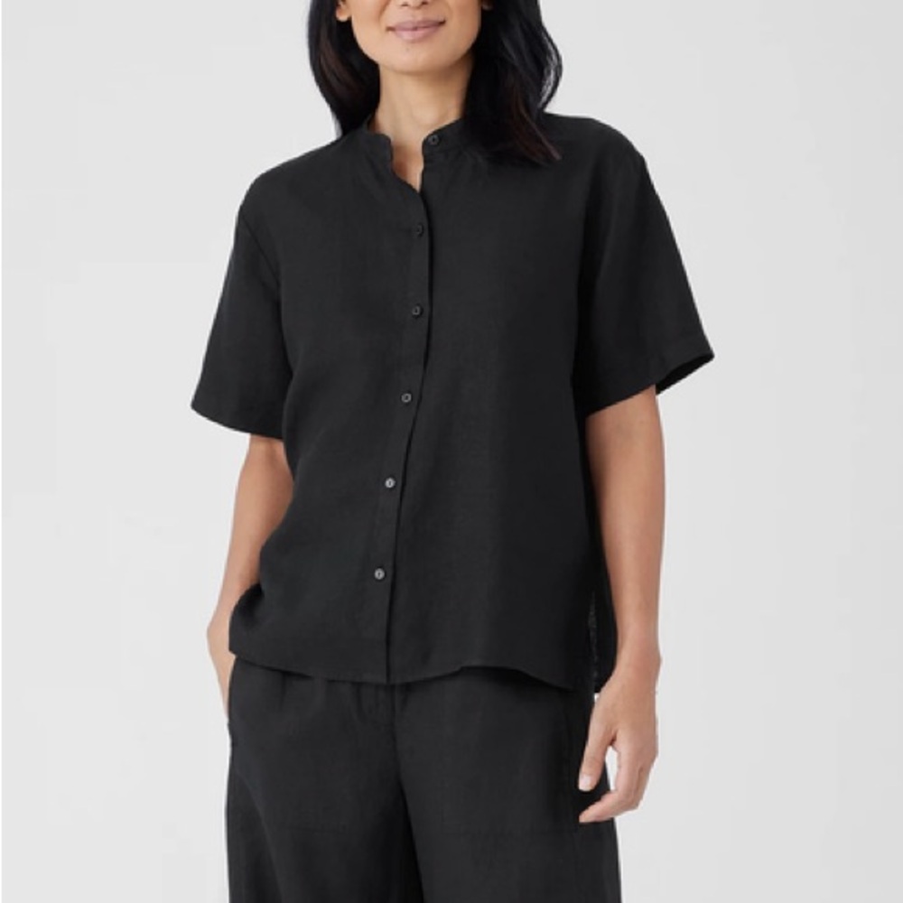 Eileen Fisher organic black button down short sleeve shirt